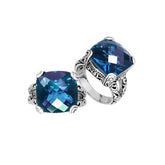 Handmade Sterling Silver ornate statement ring with cushion-cut London Blue Topaz Quartz, artisan crafted in Bali